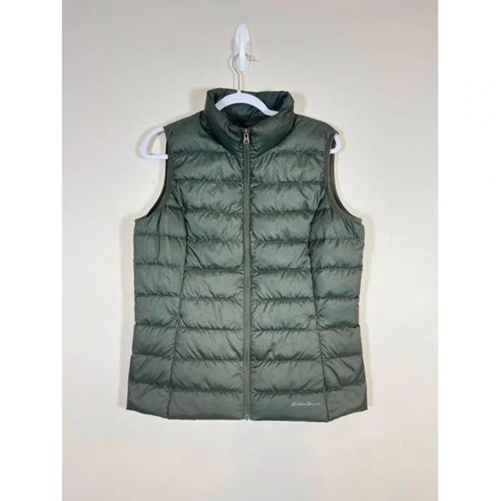 Eddie Bauer EB650 Down Puffer Vest Wms Large Olive Green Full Zip Lightweight